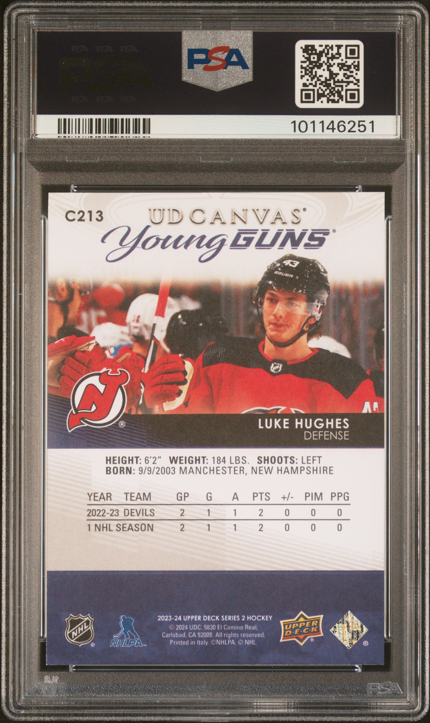 2023-24 UPPER DECK SERIES 2 LUKE HUGHES UD CANVAS YOUNG GUNS PSA 10