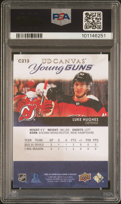 2023-24 UPPER DECK SERIES 2 LUKE HUGHES UD CANVAS YOUNG GUNS PSA 10