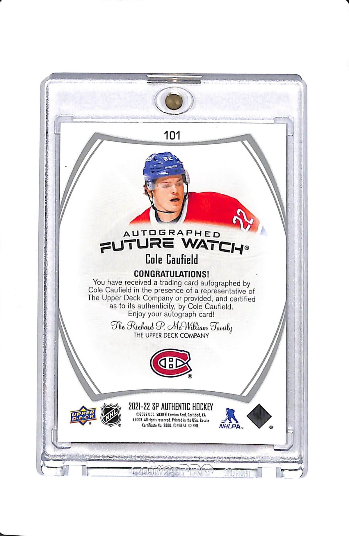 2021 SP AUTHENTIC #101 COLE CAUFIELD FUTURE WATCH AUTO ROOKIE RC /999