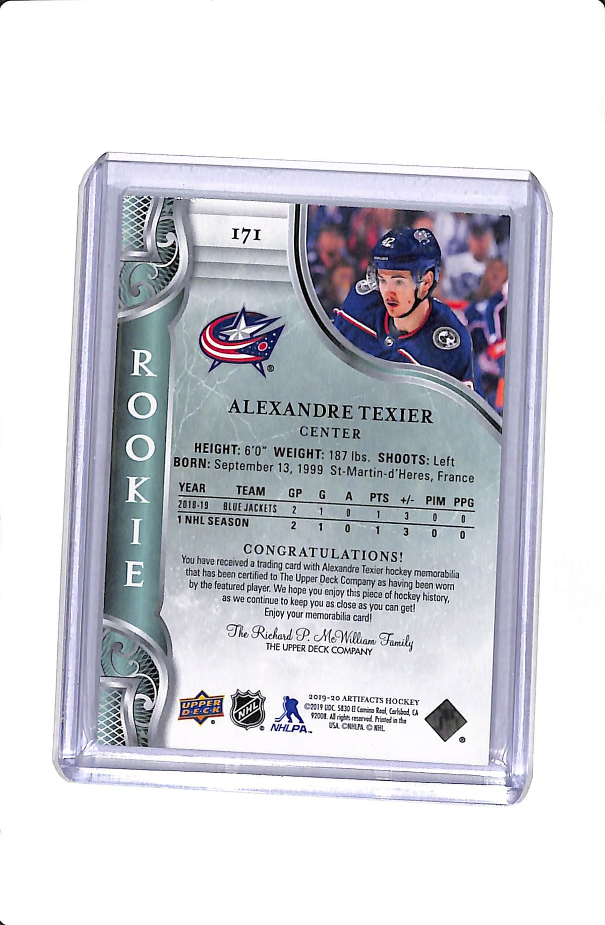 2019-20 UPPER DECK ARTIFACTS ALEXANDRE TEXIER #171 DUAL ROOKIE PATCH /49