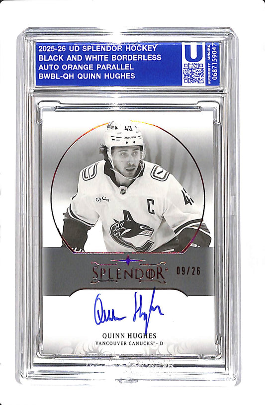 2025-26 UD SPLENDOR QUINN HUGHES BLACK AND WHITE BORDERLESS AUTO ORANGE /26 #BWBL-QH