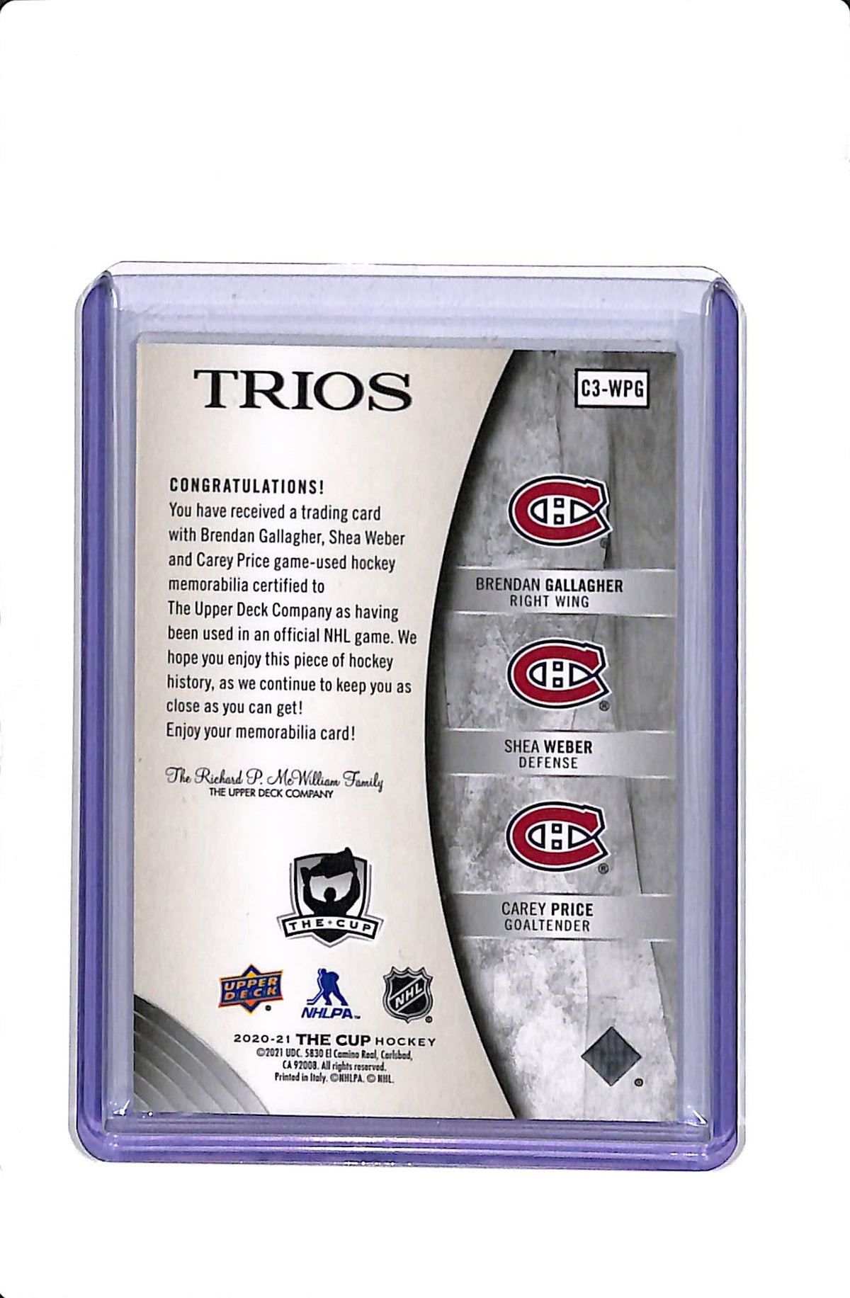 2020-21 UD CUP CAREY PRICE SHEA WEBER BRENDAN GALLAGHER #C3-WPG TRIOS PREMIUM MATERIALS /10