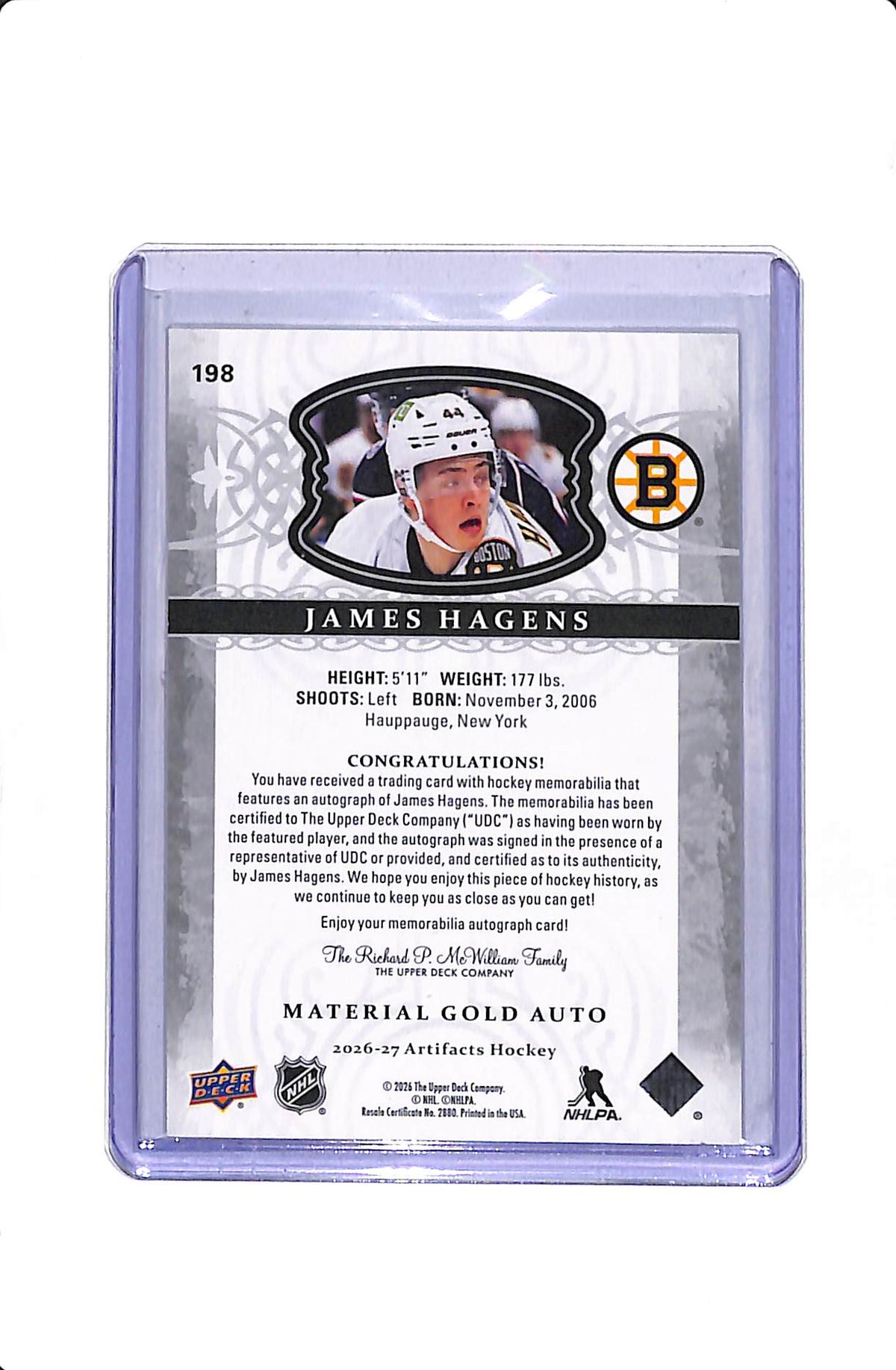 2026-27 UPPER DECK ARTIFACTS JAMES HAGENS #198 ROOKIE MATERIAL GOLD AUTO /25