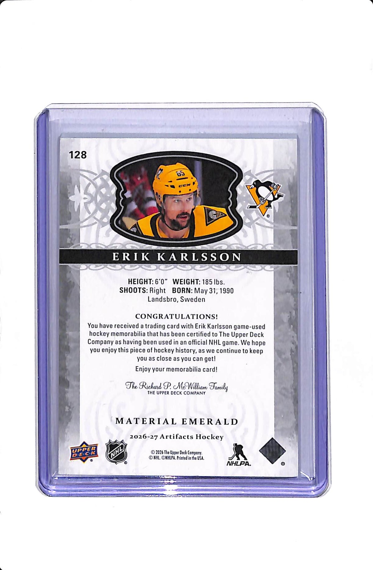 2026-27 UPPER DECK ARTIFACTS ERIK KARLSSON STARS PATCH /25 #128