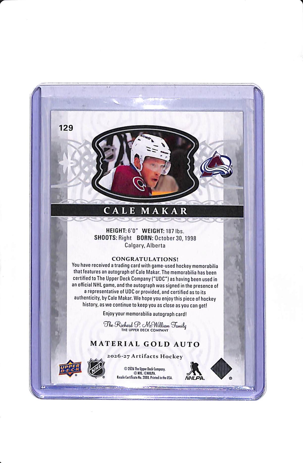 2026-27 UPPER DECK ARTIFACTS CALE MAKAR #129 MATERIAL GOLD AUTO /25