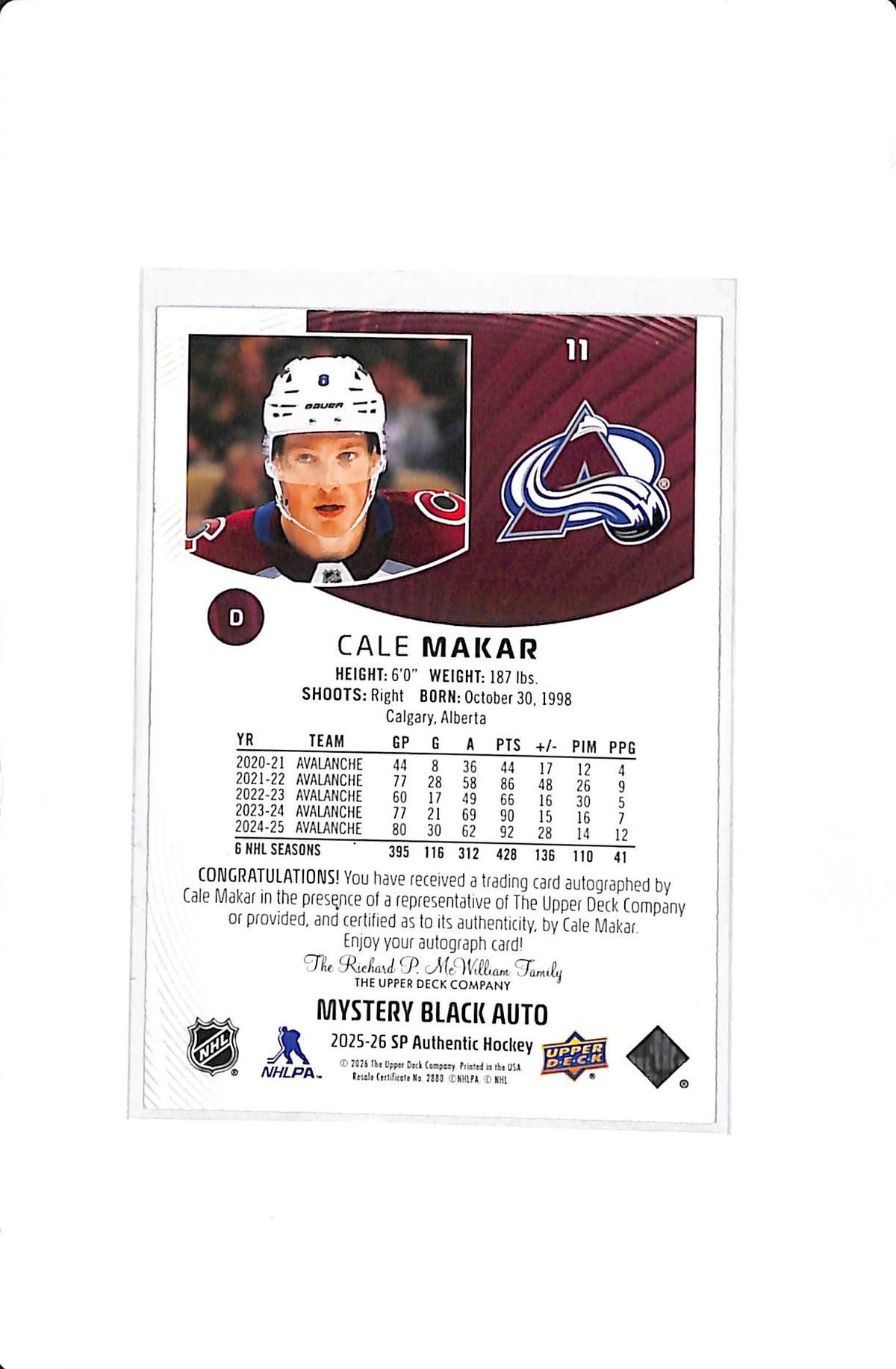 2025-26 UPPER DECK CALE MAKAR MYSTERY BLACK AUTO #11