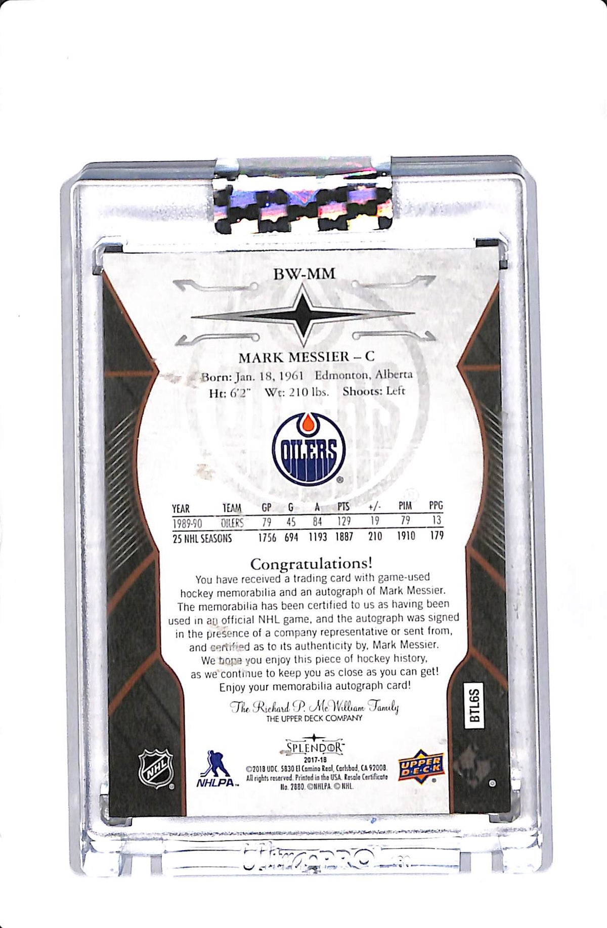 2017-18 UPPER DECK SPLENDOR #BW-MM MARK MESSIER STICK PATCH AUTO /12 (BOOKEND)