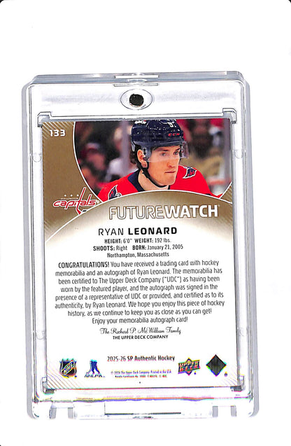 2025-26 UD SP AUTHENTIC RYAN LEONARD #133 FUTURE WATCH PATCH AUTO /100