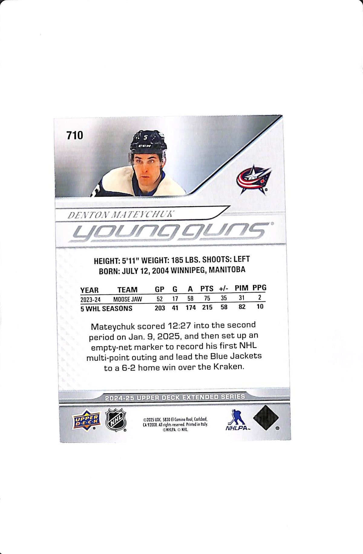 2024-25 UD EXTENDED SERIES #710 DENTON MATEYCHUK YOUNG GUNS HIGH GLOSS /10