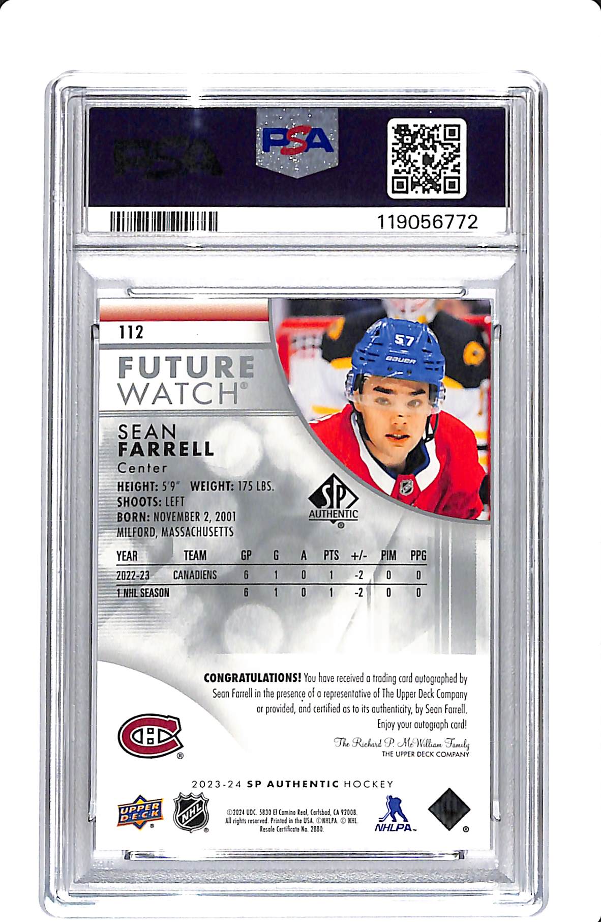 2023 UPPER DECK SP AUTHENTIC FUTURE WATCH AUTO SEAN FARRELL 287/999 PSA 9