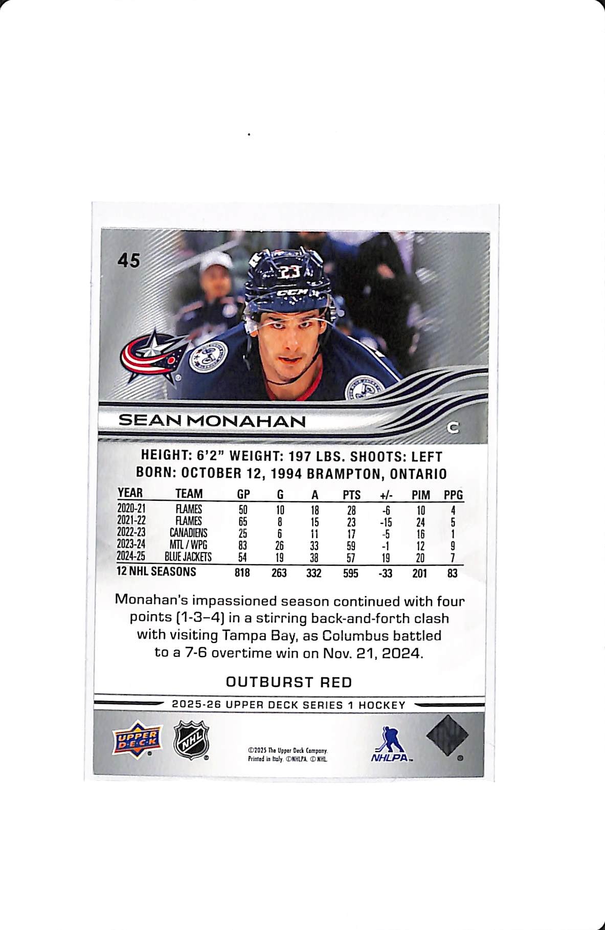2025-26 UPPER DECK SERIES 1 OUTBURST RED SEAN MONAHAN 22/25
