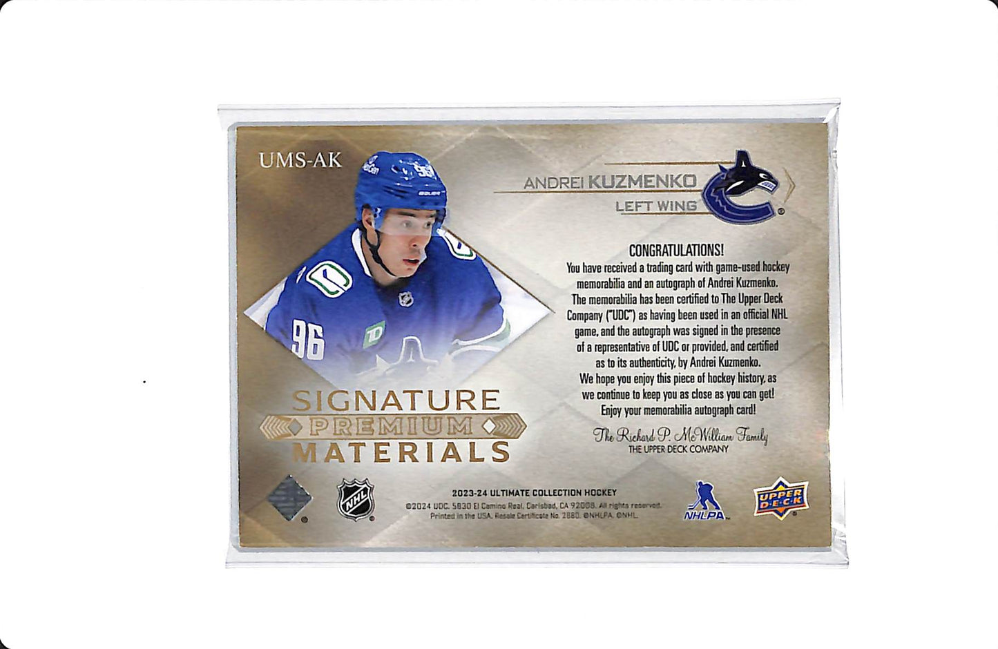 2023-24 UPPER DECK ULTIMATE COLLECTION SIGNATURE PREMIUM MATERIALS ANDREI KUZMENKO PATCH AUTO 17/35
