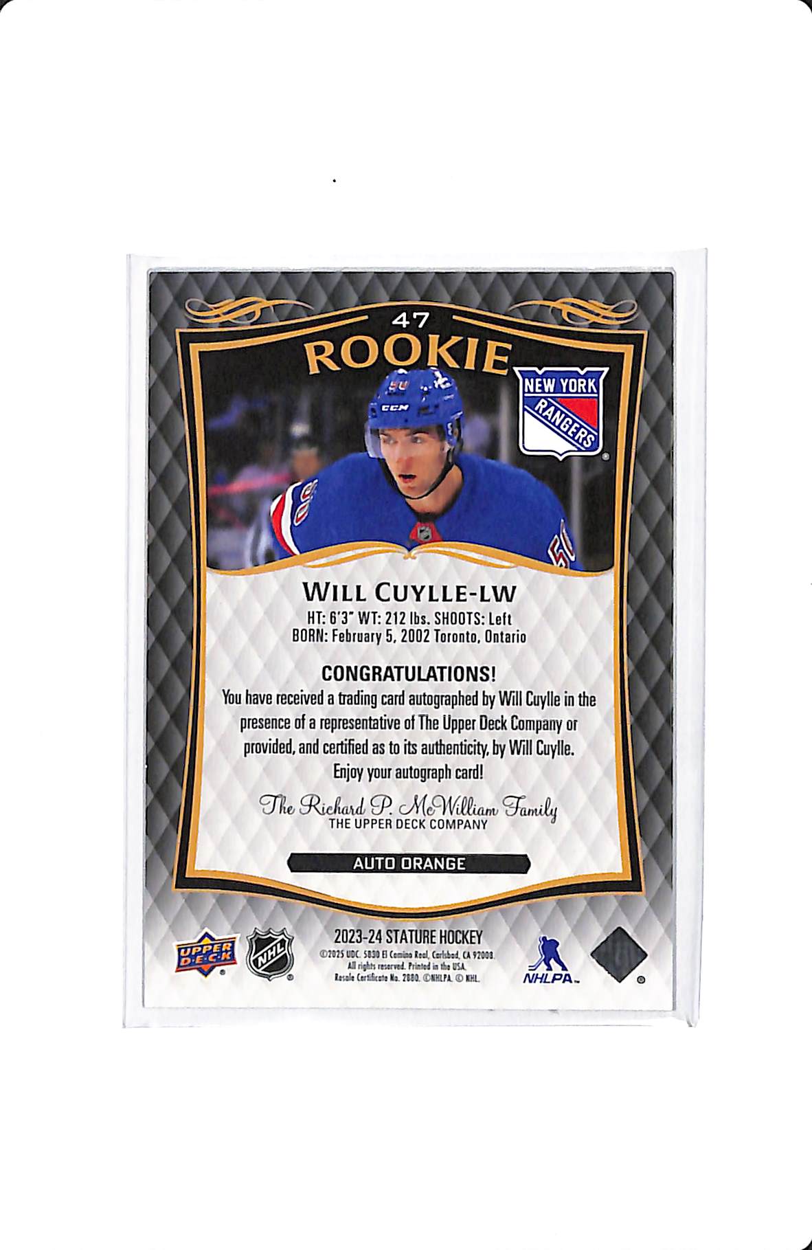 2023-24 UPPER DECK STATURE ROOKIE ORANGE AUTO WILL CUYLLE 18/50