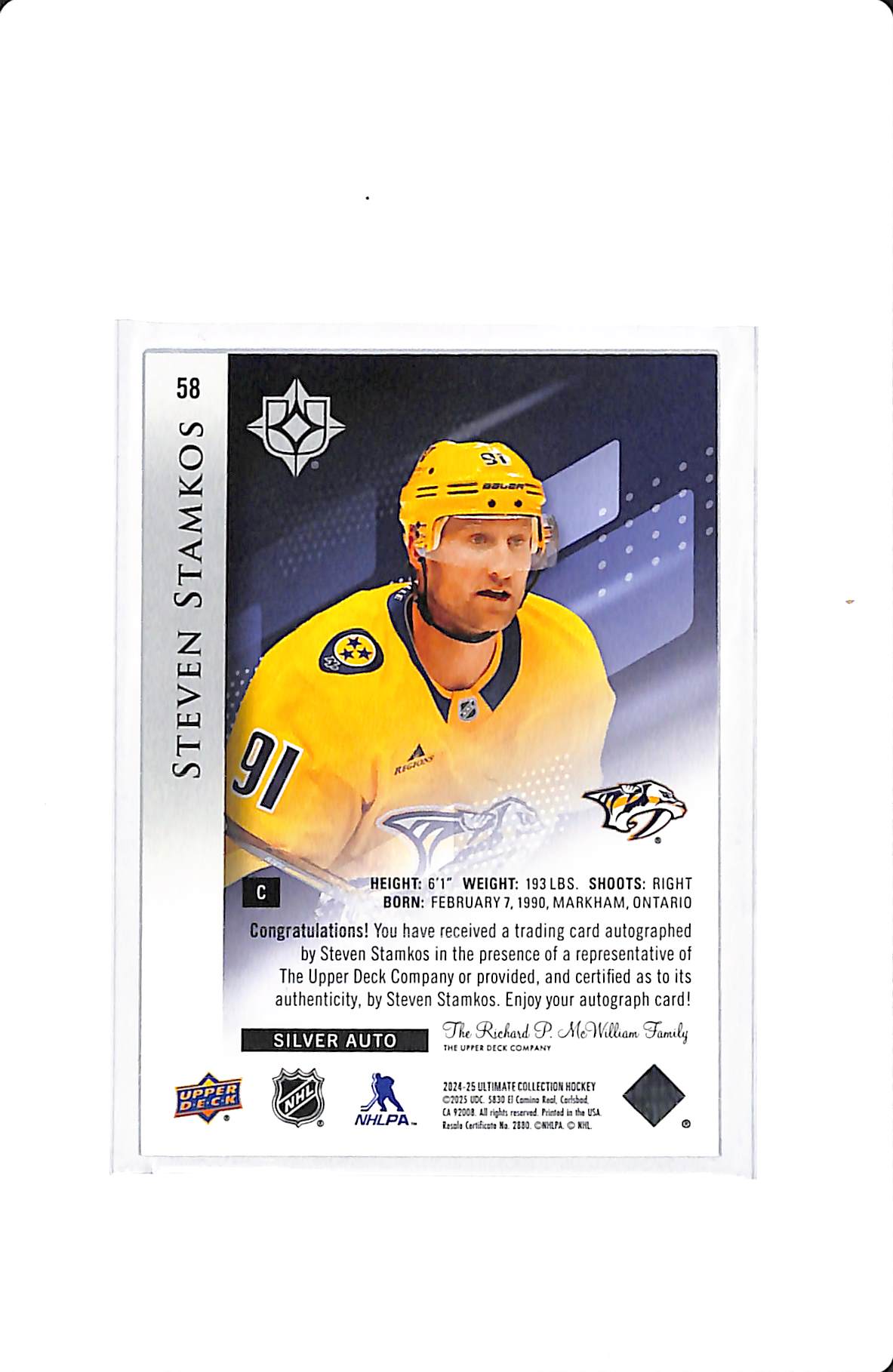 2024-25 UPPER DECK ULTIMATE COLLECTION STEVEN STAMKOS SILVER AUTO