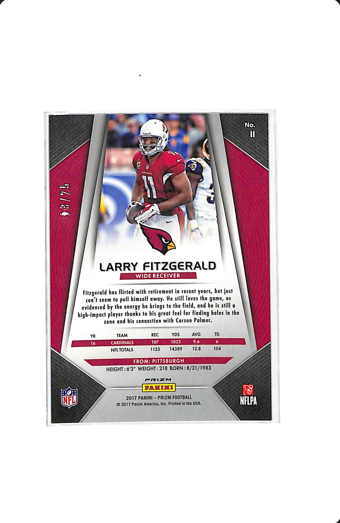 2017 PANINI PRIZM BLUE CAMO LARRY FITZGERALD 13/25