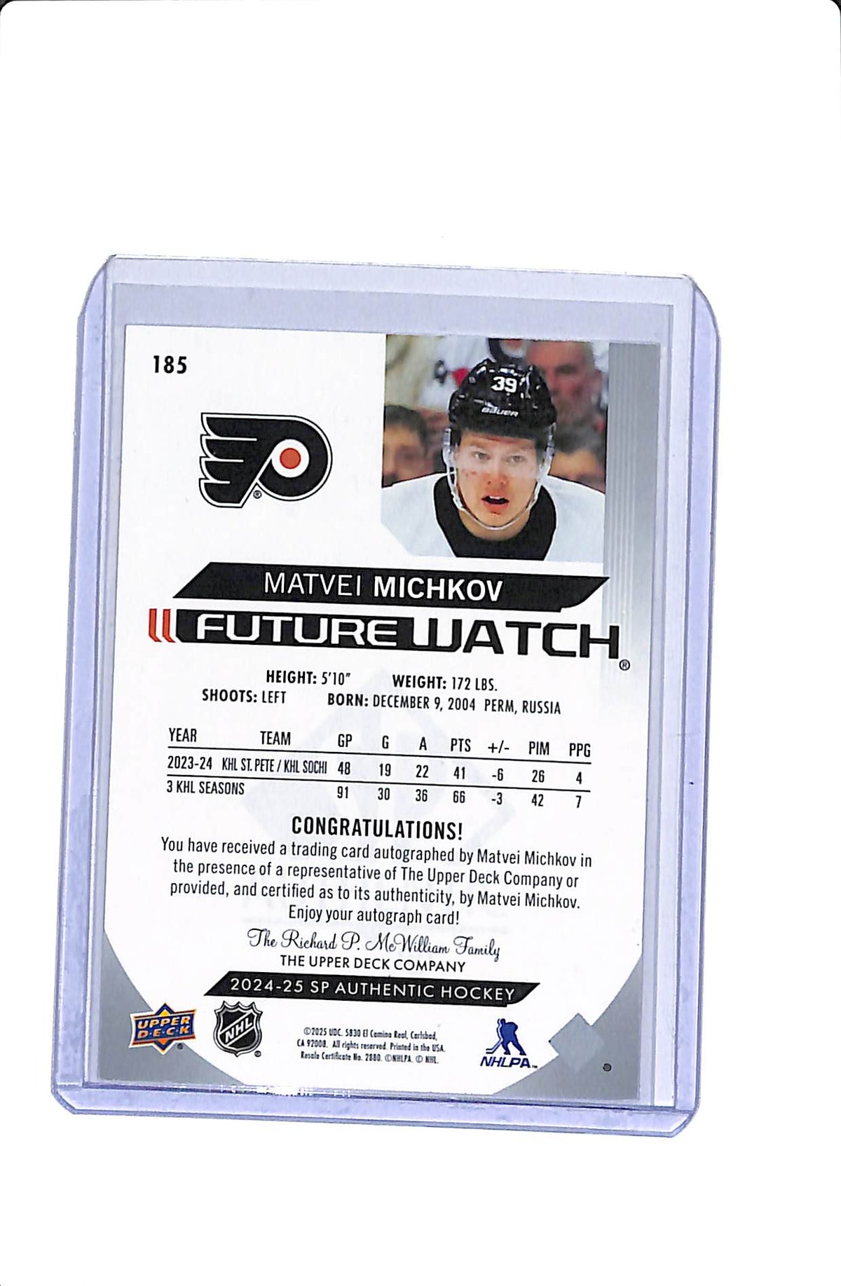 2024-25 UPPER DECK SP AUTHENTIC MATVEI MICHKOV #185 FUTURE WATCH AUTO /999