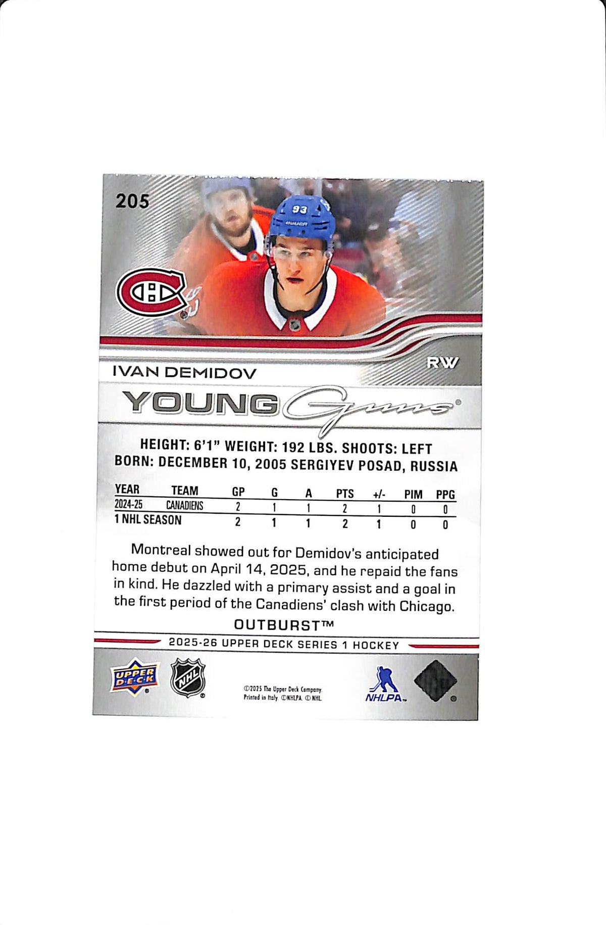 2025-26 UPPER DECK SERIES 1 IVAN DEMIDOV YOUNG GUNS OUTBURST #205