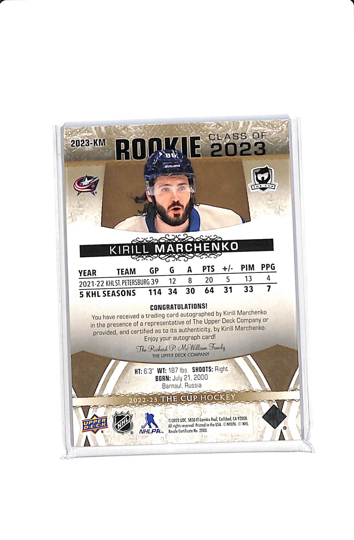 2022-23 UPPER DECK THE CUP KIRILL MARCHENKO #2023-KM ROOKIE AUTO /50 CLASS OF 2023