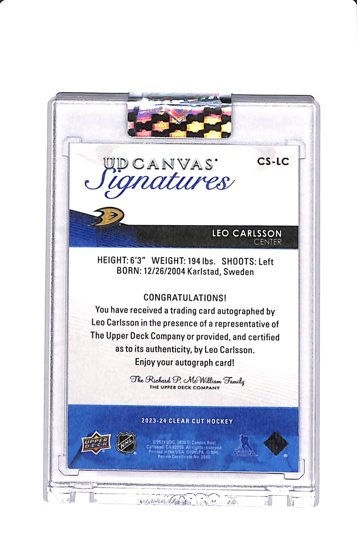 2023-24 UPPER DECK CLEAR CUT LEO CARLSSON UD CANVAS SIGNATURES RC #CS-LC