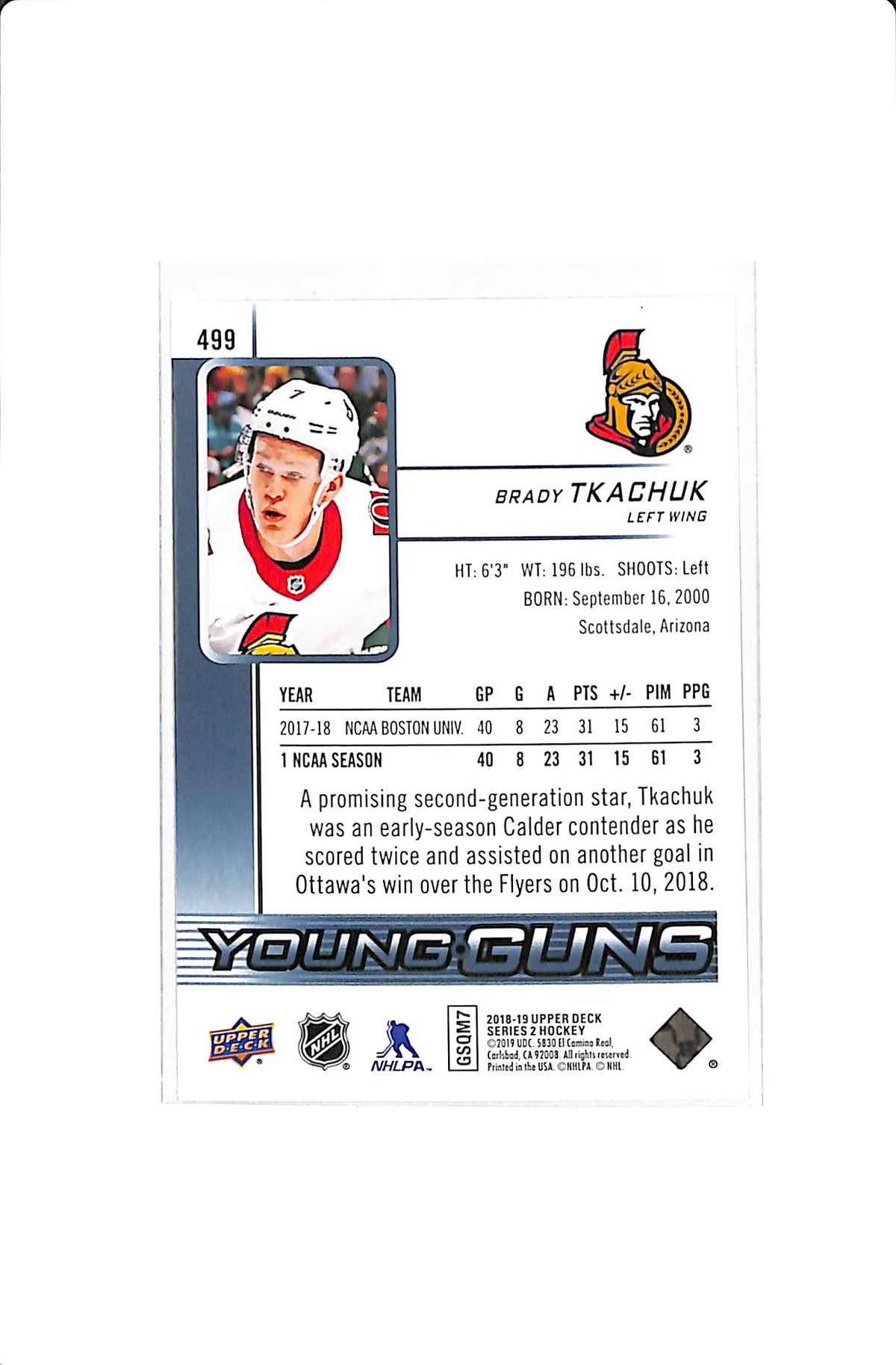 2018-19 UPPER DECK SERIES 2 BRADY TKACHUK YOUNG GUNS #499