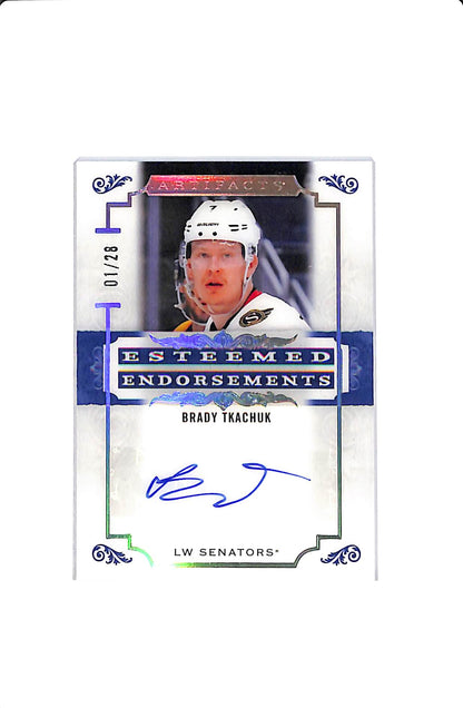 2026-27 UD ARTIFACTS BRADY TKACHUK #EE-BT ESTEEMED ENDORSEMENTS AUTO /28