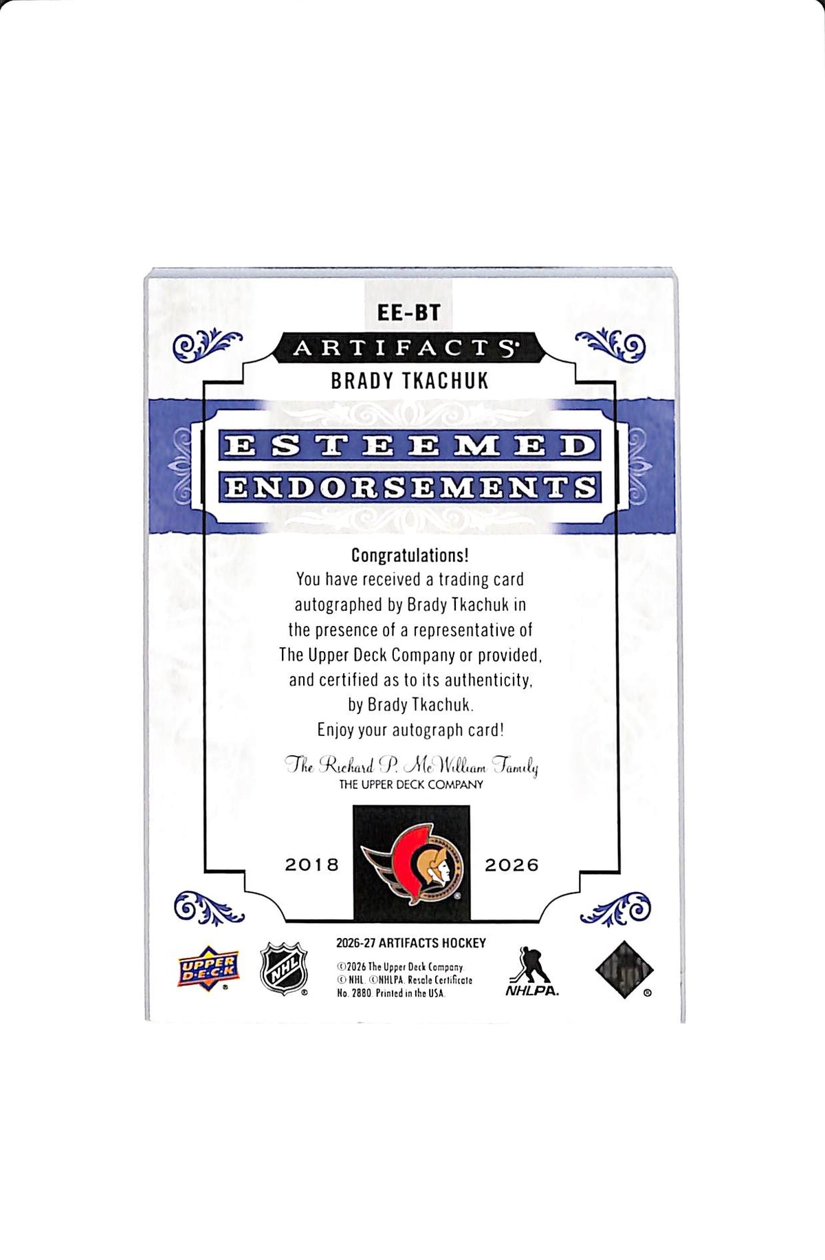 2026-27 UD ARTIFACTS BRADY TKACHUK #EE-BT ESTEEMED ENDORSEMENTS AUTO /28
