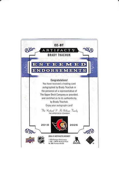 2026-27 UD ARTIFACTS BRADY TKACHUK #EE-BT ESTEEMED ENDORSEMENTS AUTO /28