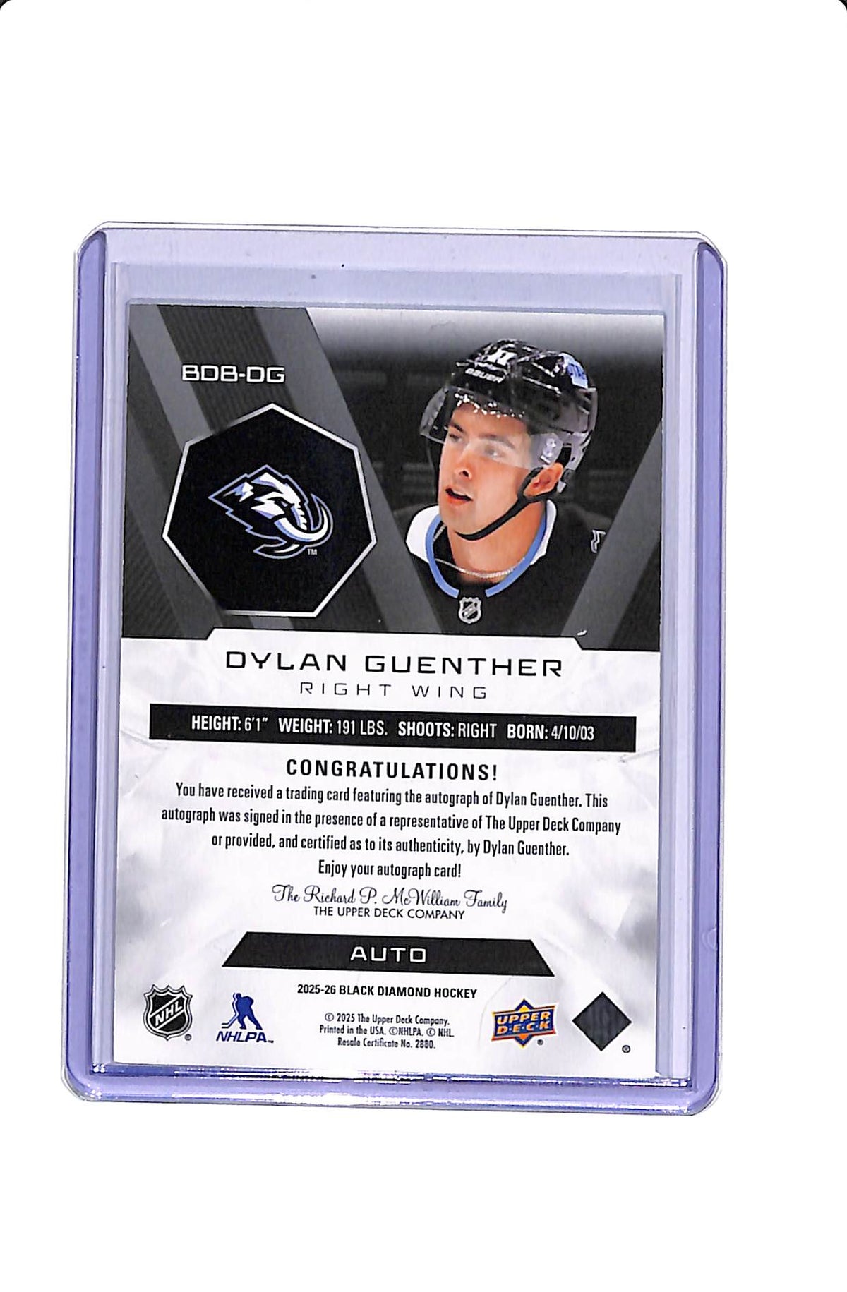 2025-26 UPPER DECK BLACK DIAMOND #BDB-DG DYLAN GUENTHER AUTO /99