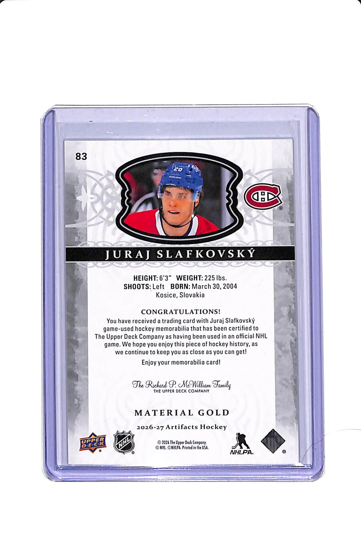 2026-27 UPPER DECK ARTIFACTS #83 JURAJ SLAFKOVSKY MATERIAL GOLD /249