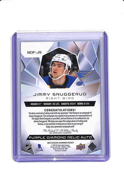 2025-26 UD BLACK DIAMOND JIMMY SNUGGERUD #BDF-JS DIAMOND FUTURES ROOKIE AUTO /10