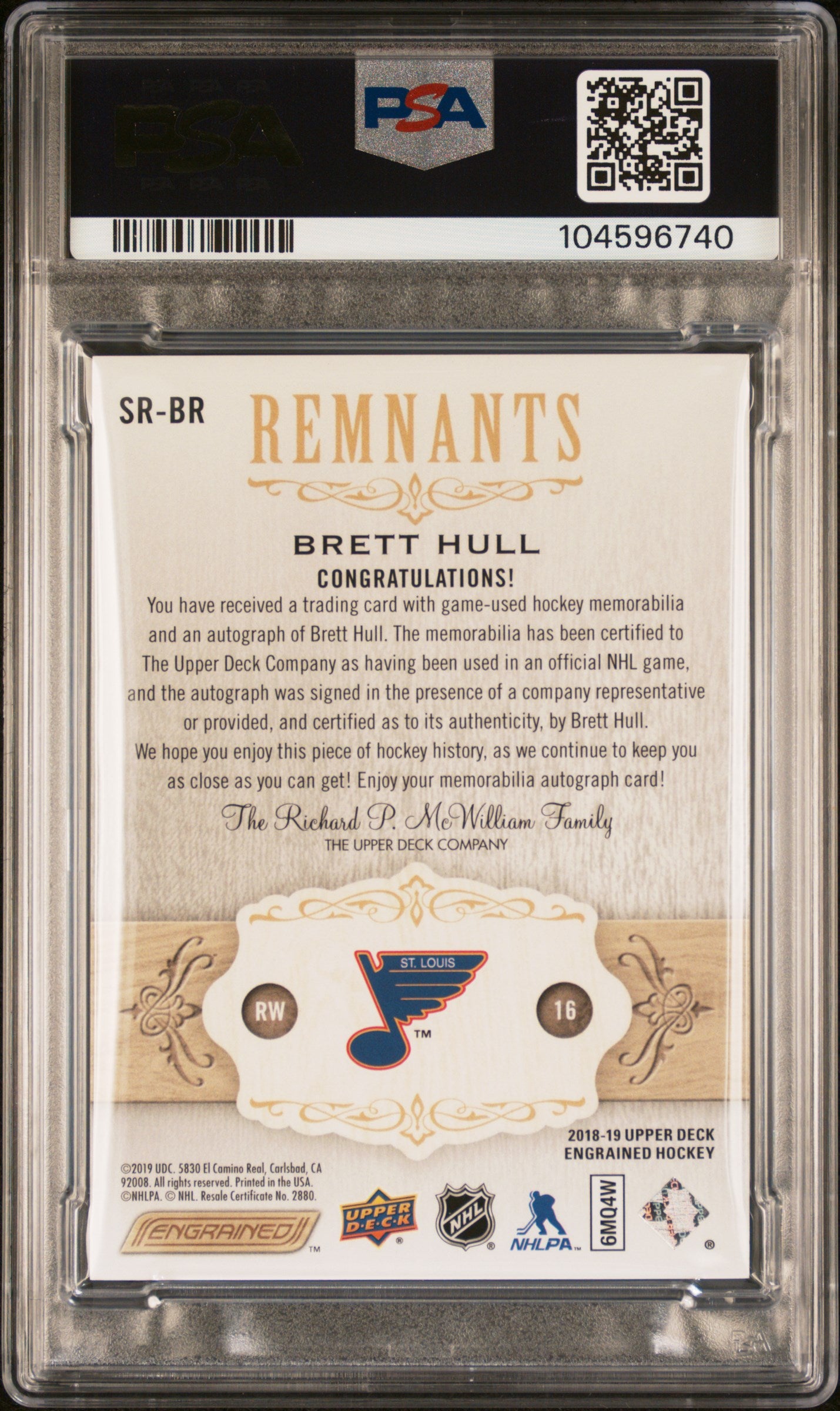 2018-19 UPPER DECK ENGRAINED BRETT HULL SIGNATURE REMNANTS STICK PATCH /65 PSA 8 #SR-BR