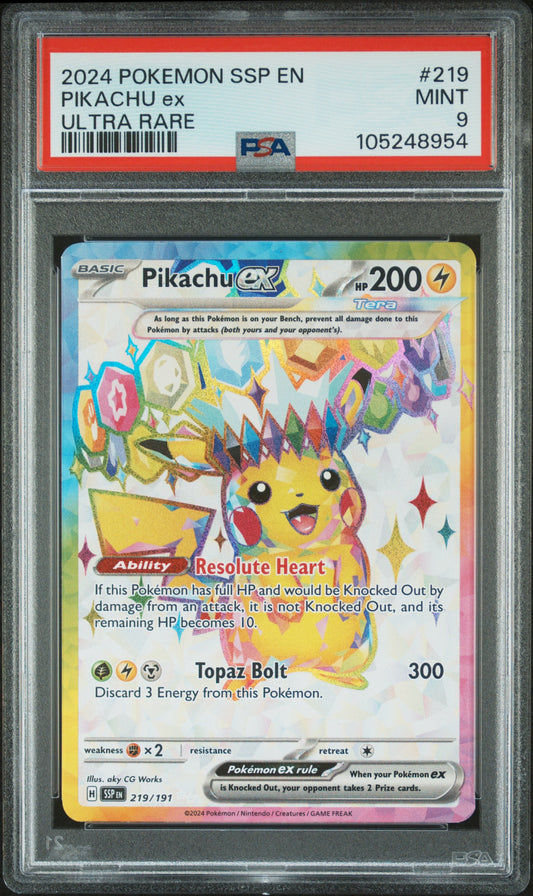 2024 POKEMON SSP EN PIKACHU EX ULTRA RARE #219 PSA 9