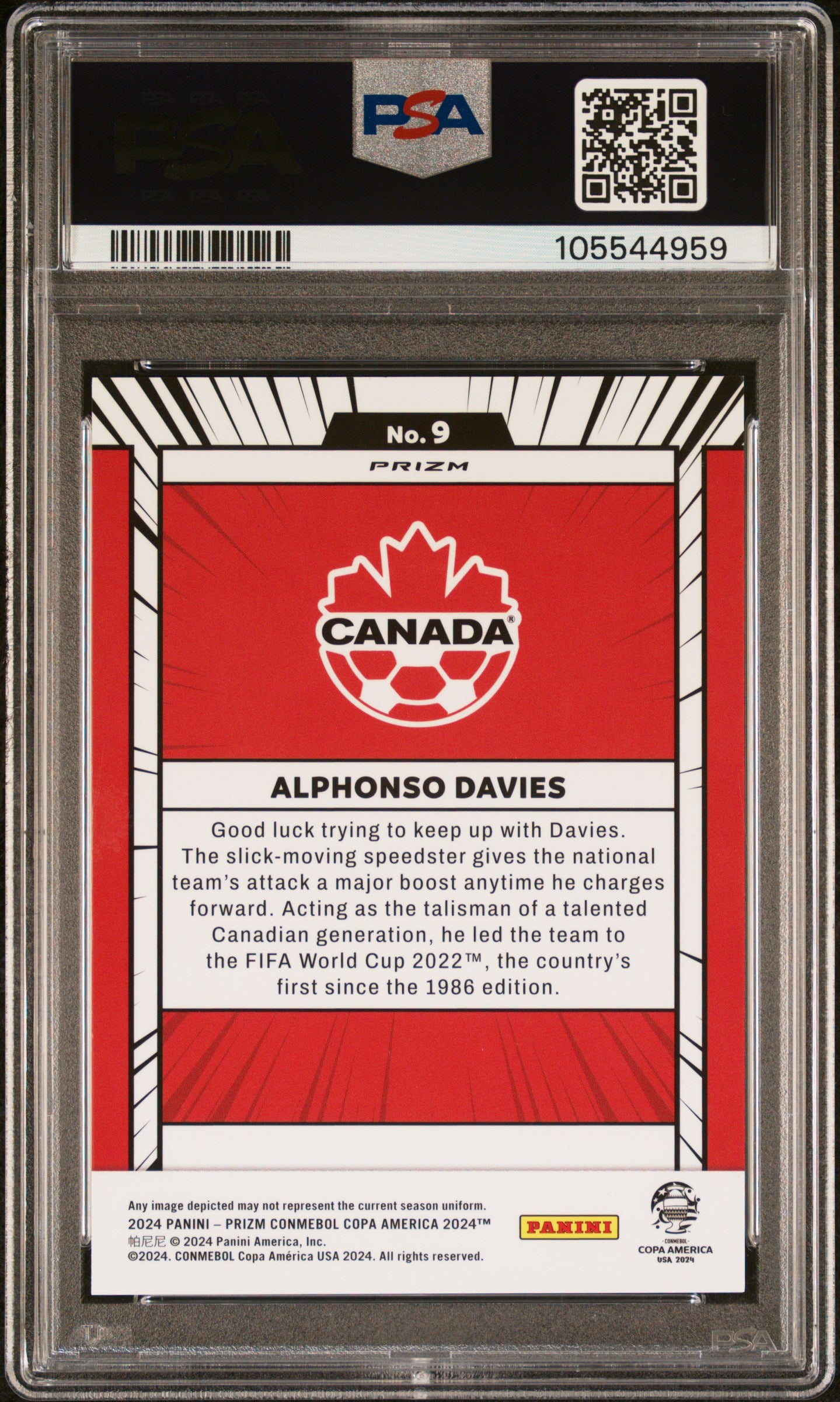 2024 PANINI PRIZM CONMEBOL COPA AMERICA MANGA #9 ALPHONSO DAVIES PSA 9