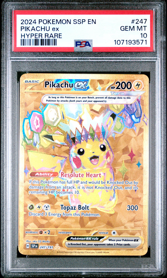2024 POKEMON SSP EN SURGING SPARKS #247 PIKACHU ex HYPER RARE PSA 10