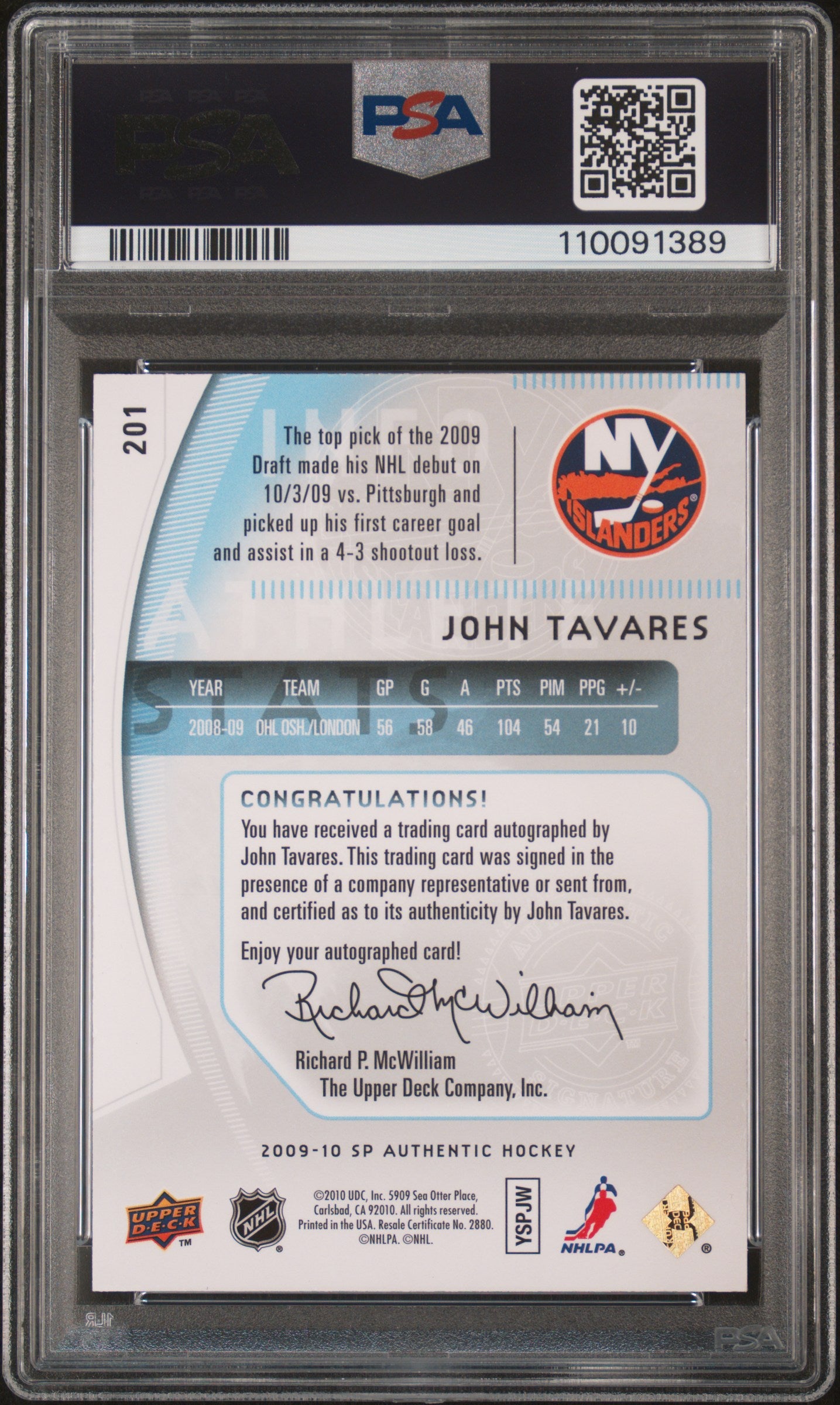 2009-10 UPPER DECK SP AUTHENTIC JOHN TAVARES FUTURE WATCH AUTOGRAPH /999 PSA 8 #201