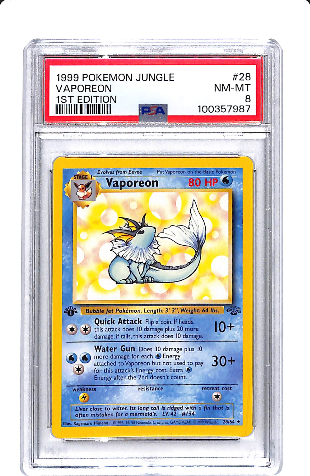 1999 POKEMON JUNGLE VAPOREON 1ST EDITION PSA 8