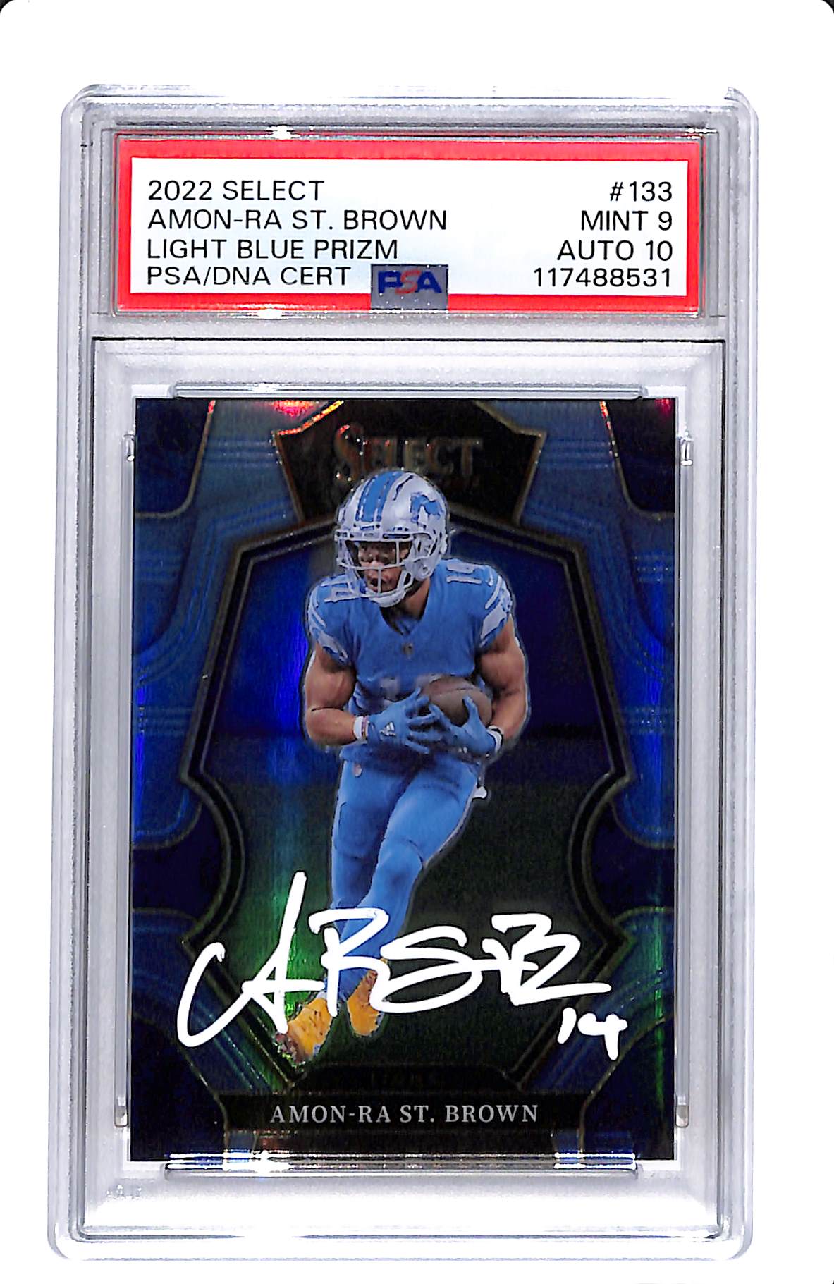 2022 SELECT AMON-RA ST.BROWN LIGHT BLUE PRIZM PSA/DAN CERT PSA 9 AUTO 10