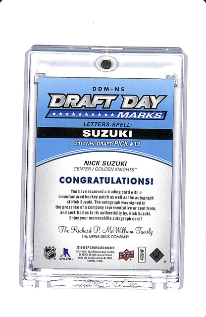2018-19 UPPER DECK SP GAME USED DRAFT DAY MARKS NICK SUZUKI "S" AUTO 34/35