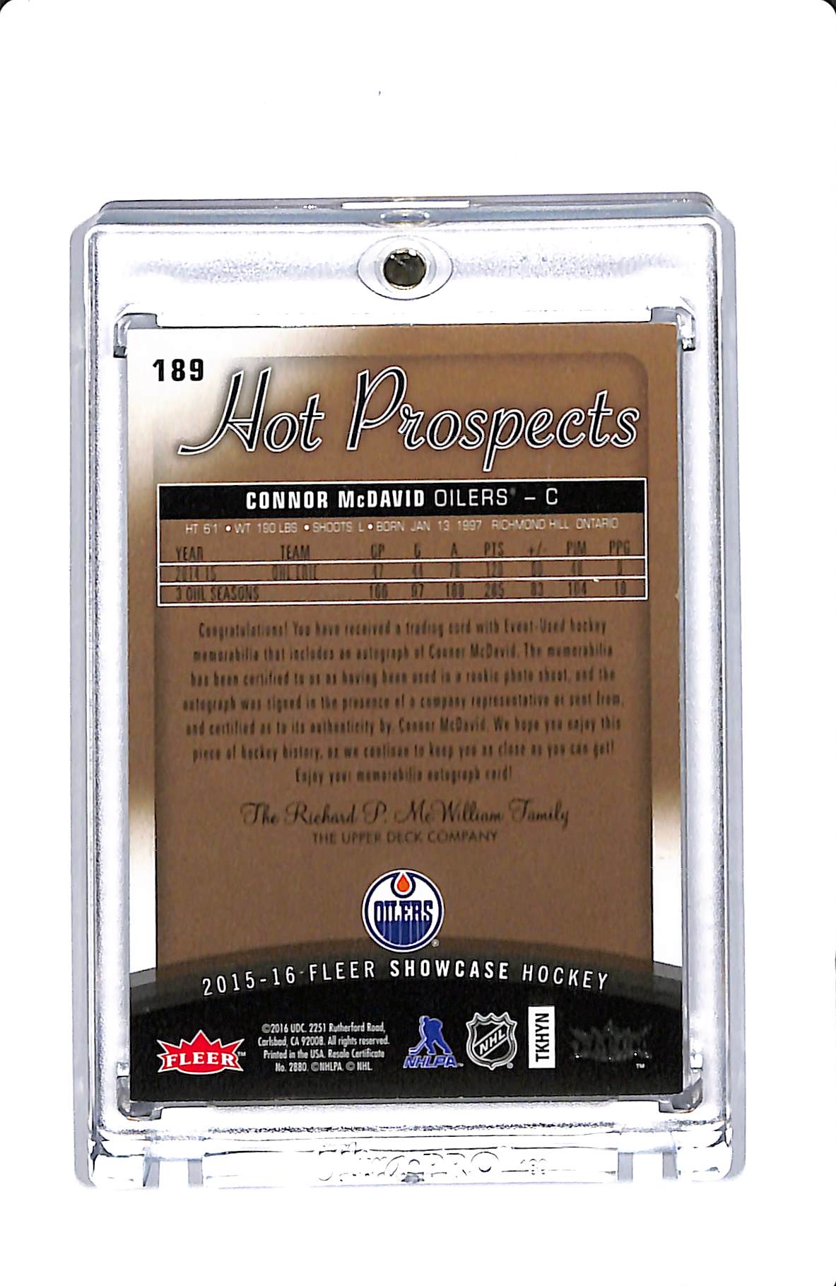 2015-16 FLEER SHOWCASE HOCKEY HOT PROSPECTS CONNOR MCDAVID ROOKIE AUTO PATCH 227/299