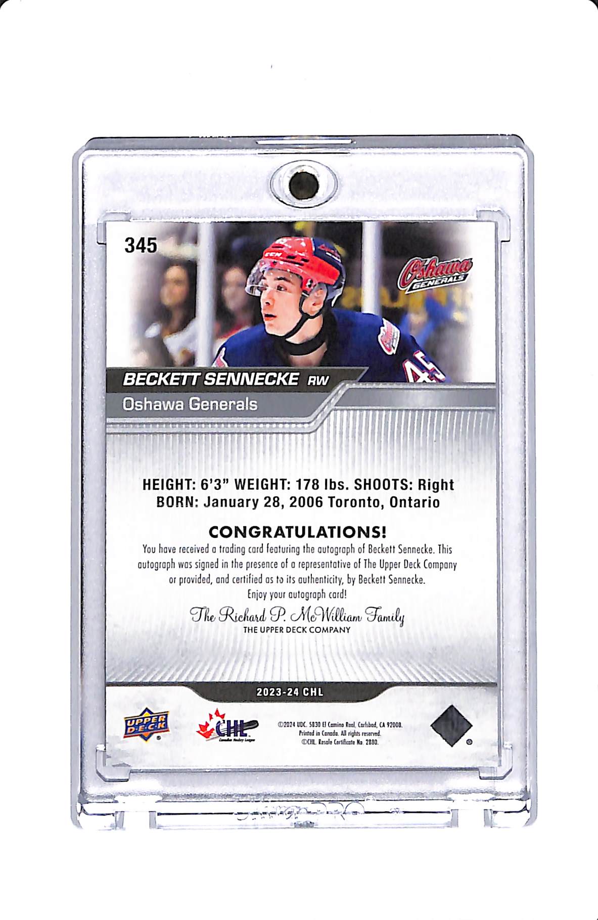 2023-24 UPPER DECK CHL BECKETT SENNECKE STARS AUTO