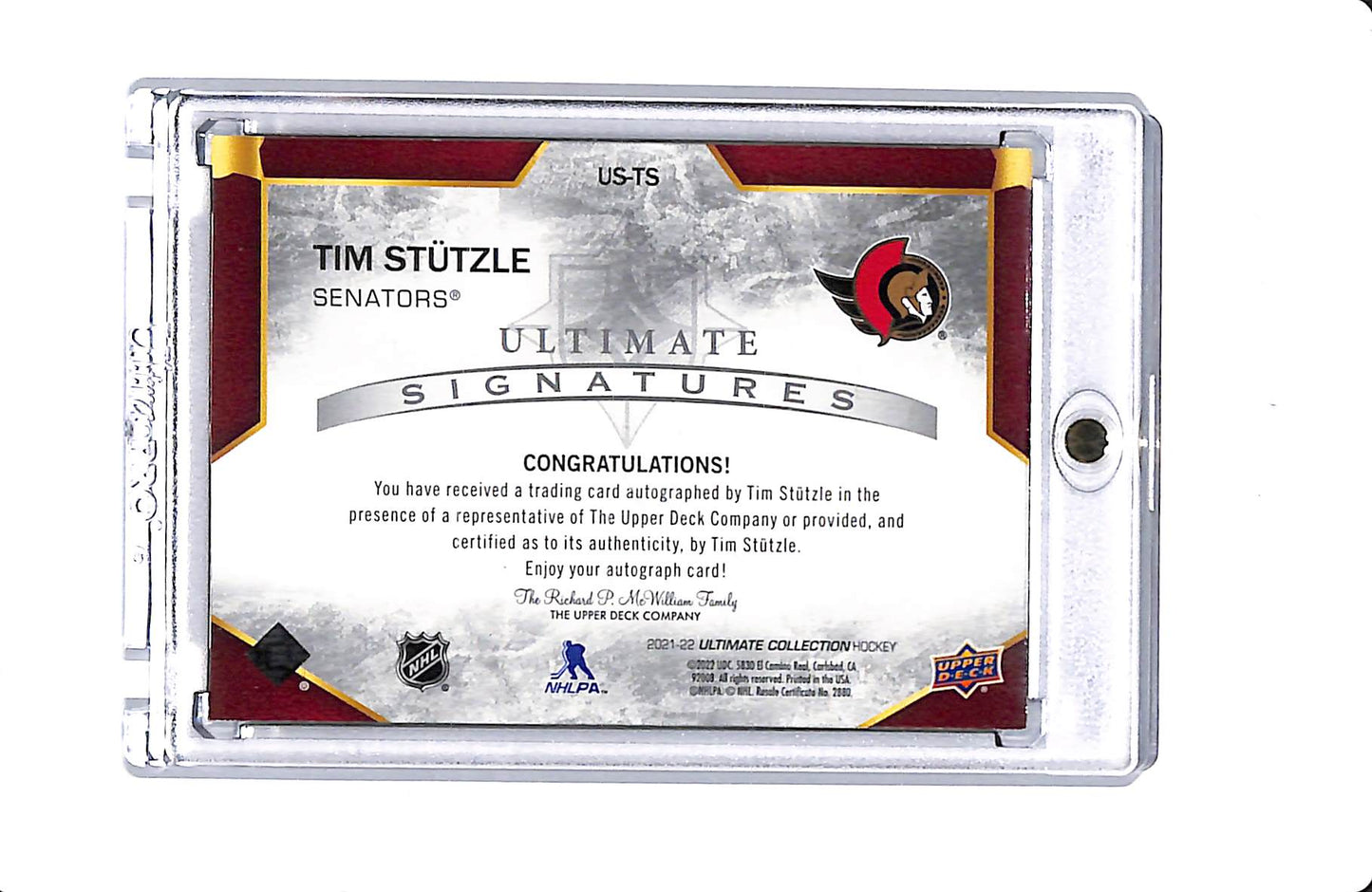 2021-22 UPPER DECK ULTIMATE TIM STUTZLE ULTIMATE SIGNATURES