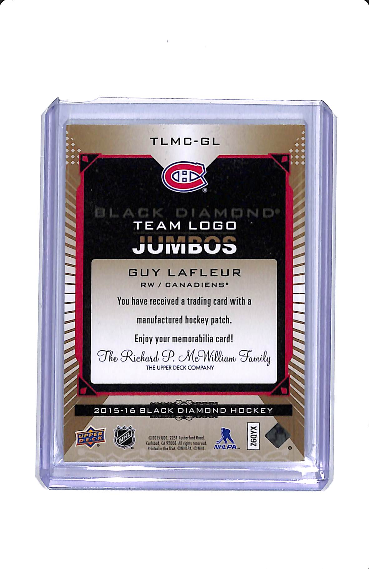 2015-16 UPPER DECK BLACK DIAMOND GUY LAFLEUR TEAM LOGO JUMBOS 9/15