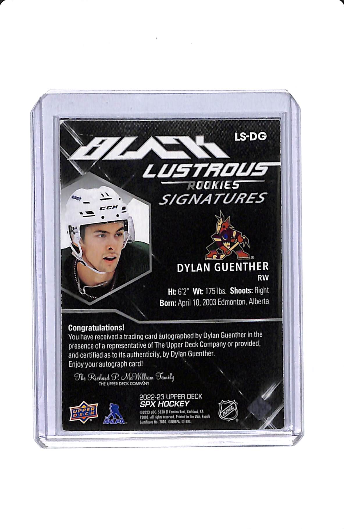 2022-23 SPX DYLAN GUENTHER BLACK LUSTROUS ROOKIE SIGNATURES 046/199