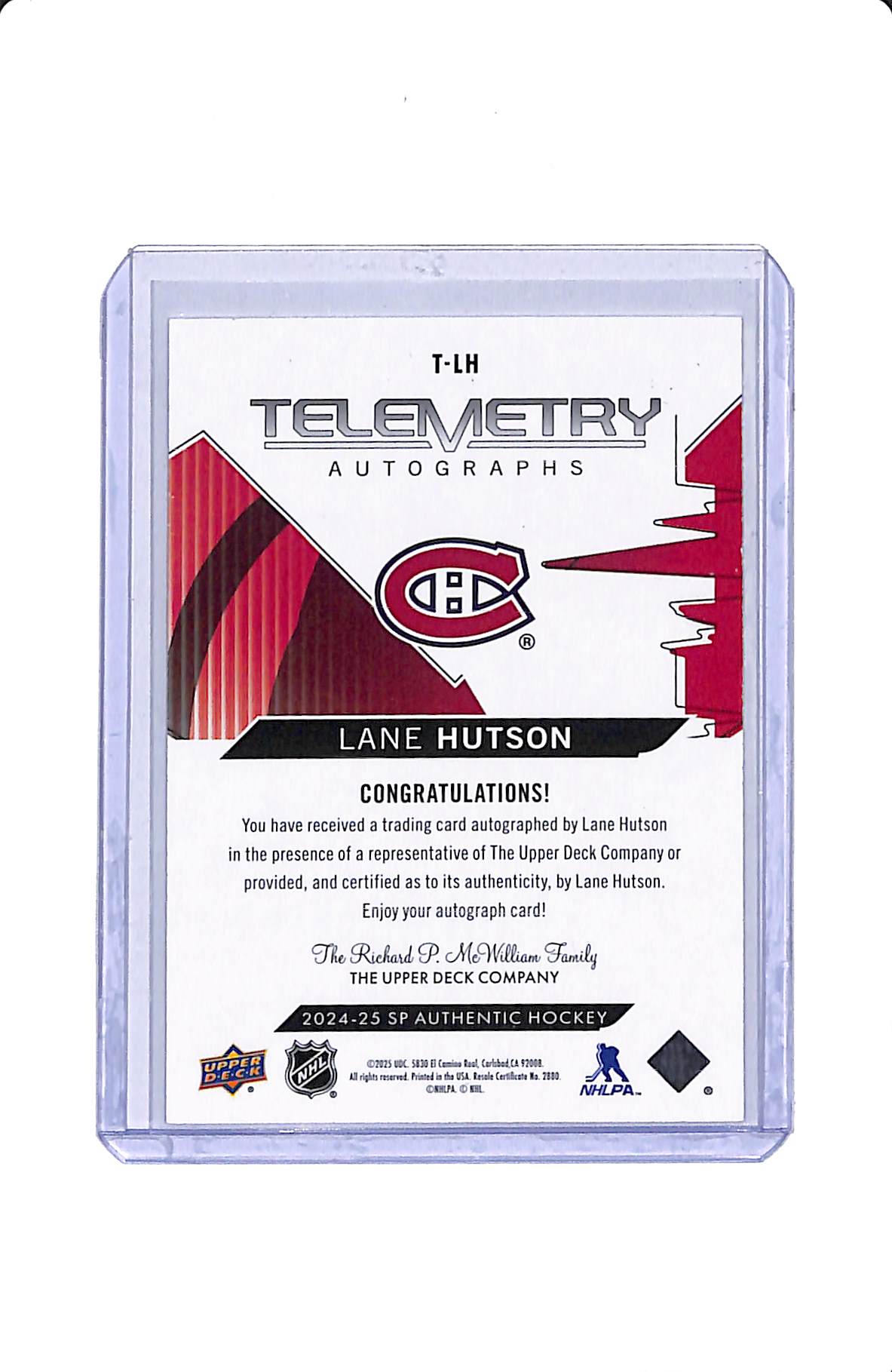 2024-25 UPPER DECK SP AUTHENTIC LANE HUTSON TELEMETRY ROOKIE AUTOGRAPHS