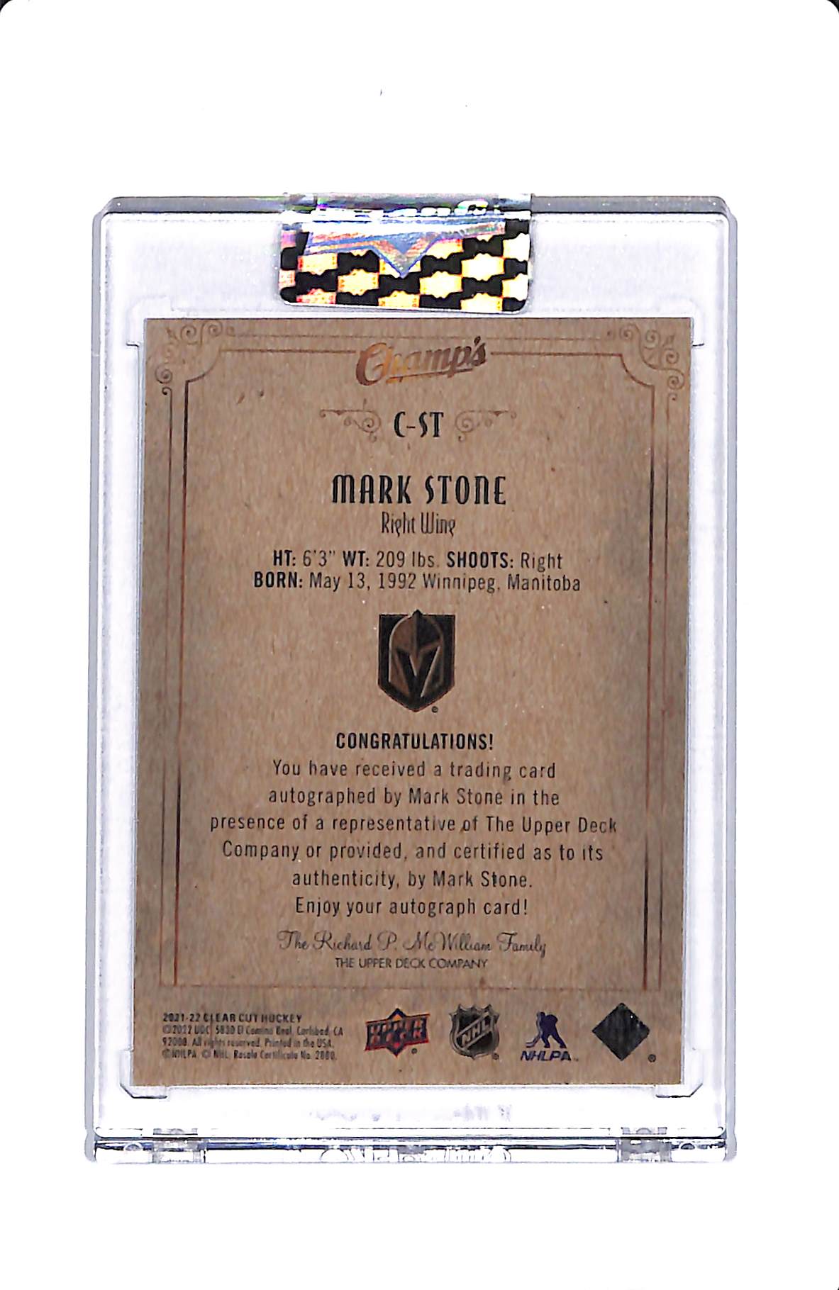 2021-22 UPPER DECK CLEAR CUT MARK STONE CHAMP'S AUTOGRAPH