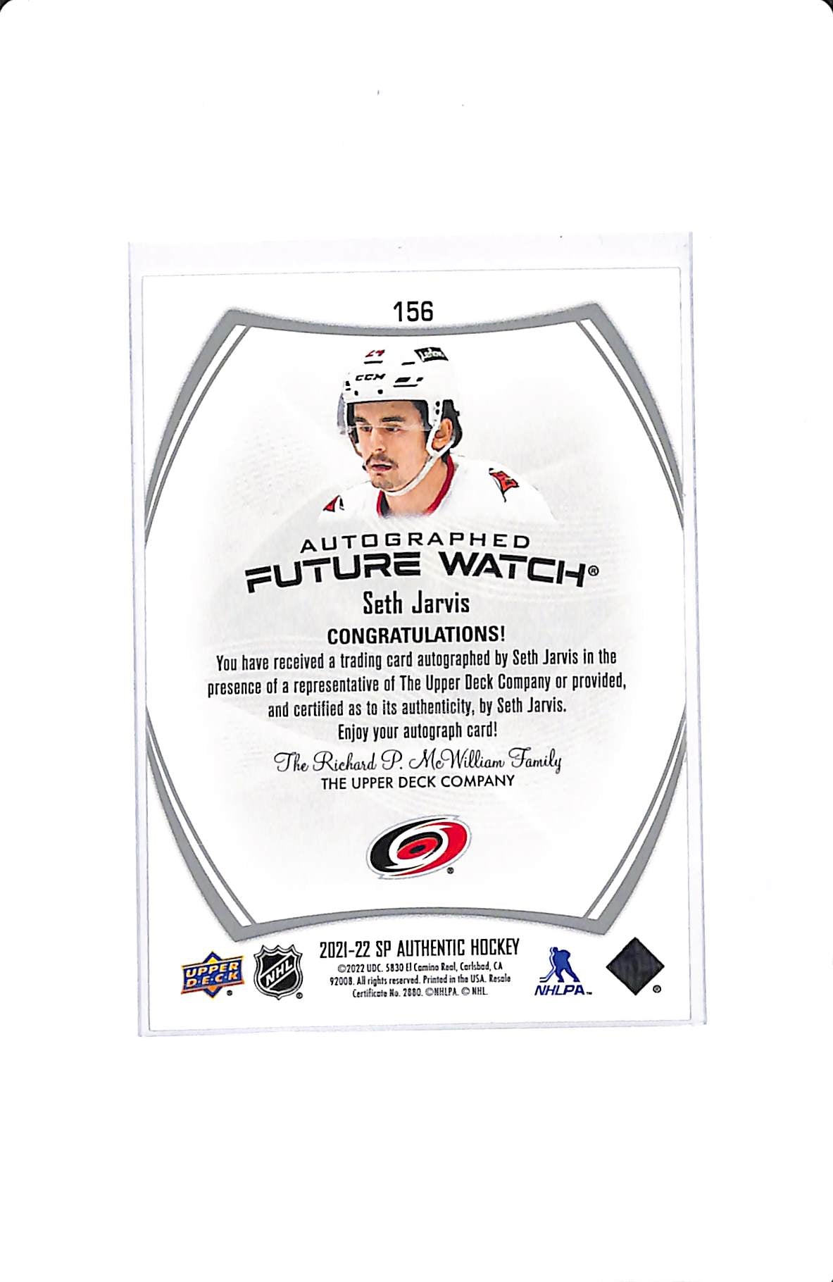 2021-22 UPPER DECK SP AUTHENTIC SETH JARVIS FUTURE WATCH AUTO 912/999
