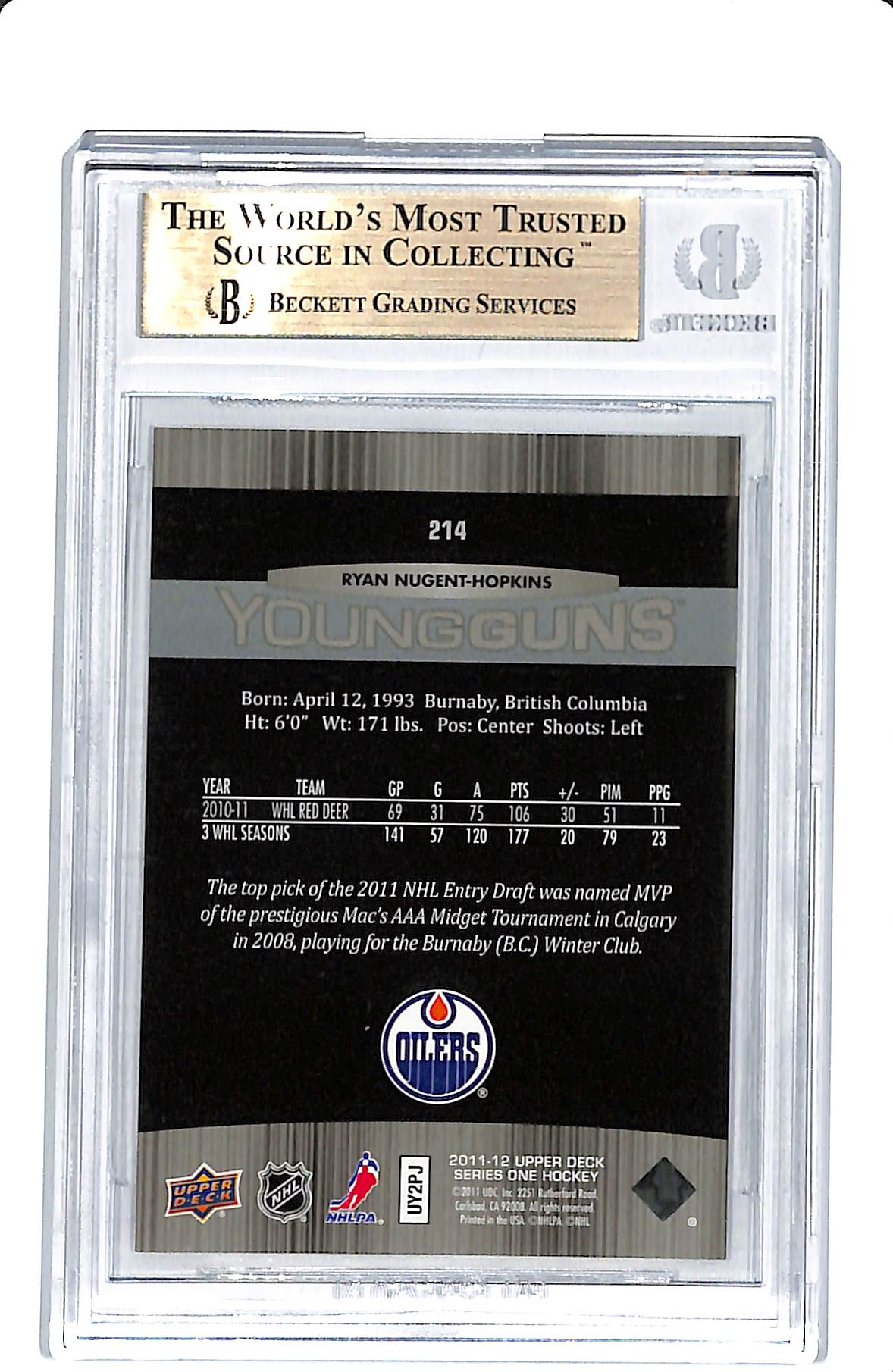 2011-12 UPPER DECK SERIES 1 YOUNG GUNS RYAN NUGENT-HOPKINS BGS 10 PRISTINE