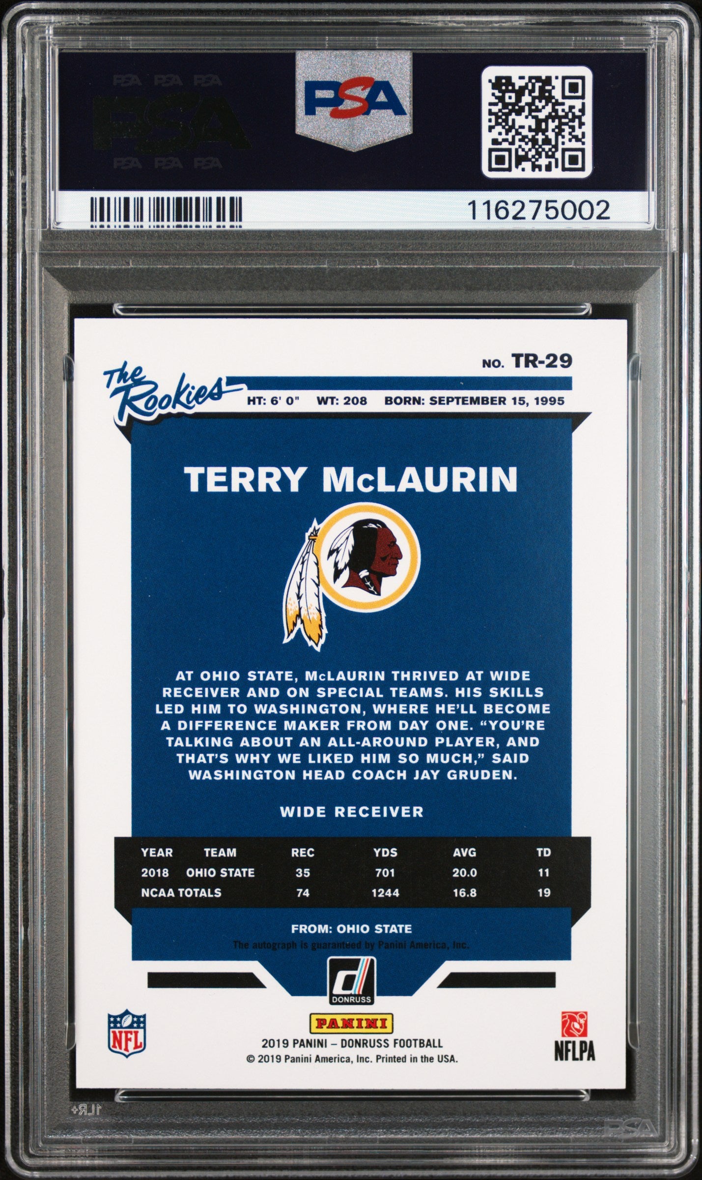 2019 PANINI DONRUSS TERRY MCLAURIN THE ROOKIES AUTOGRAPH /299 PSA 9 #TR29