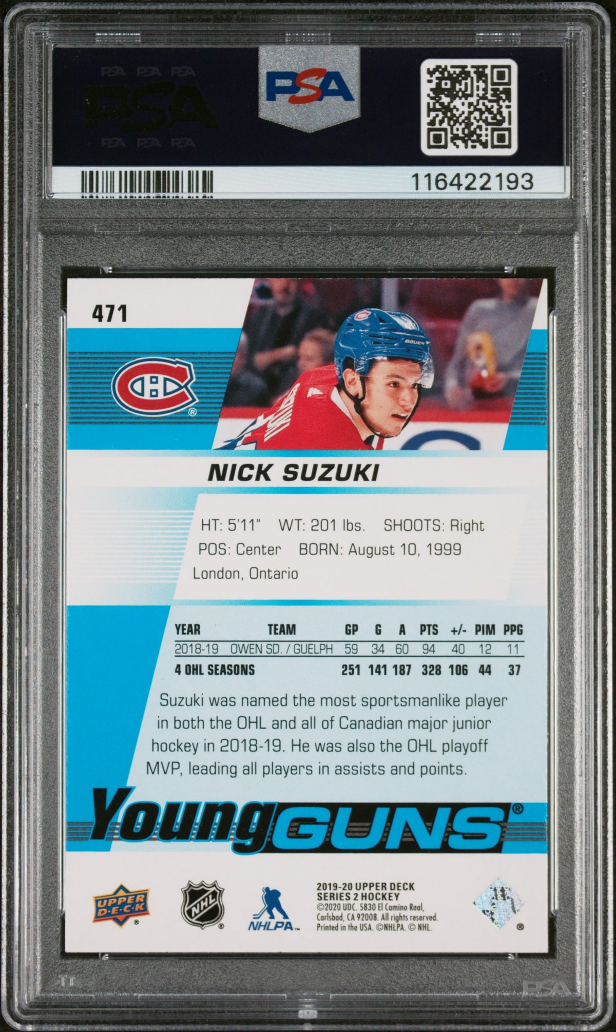 2019 UPPER DECK #471 NICK SUZUKI YOUNG GUNS PSA 9