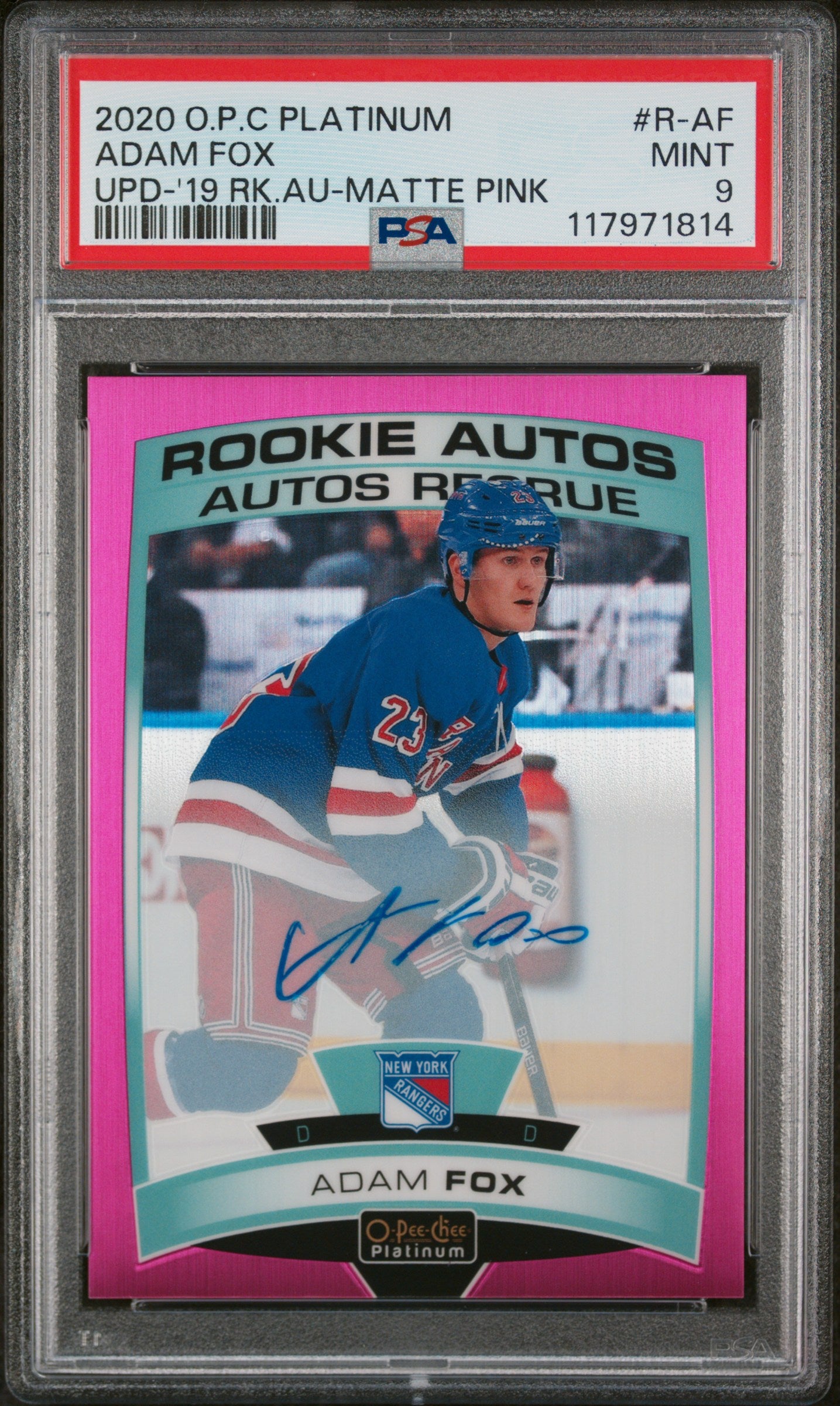 2019-20 UD O-PEE-CHEE PLATINUM UPDATE AUTOGRAPHS #R-AF ADAM FOX MATTE PINK ROOKIE AUTO /99 PSA 9